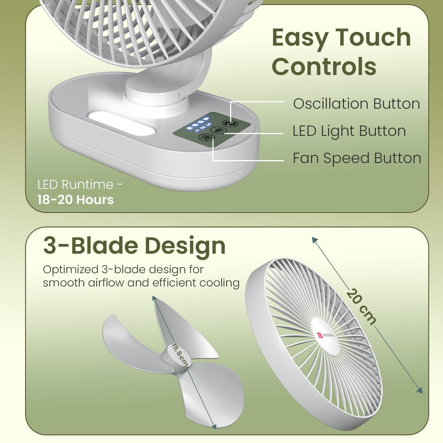 Portronics Airloop Portable Desk Fan with Automatic 92° Oscillation | 90° Tilt | Rechargeable |