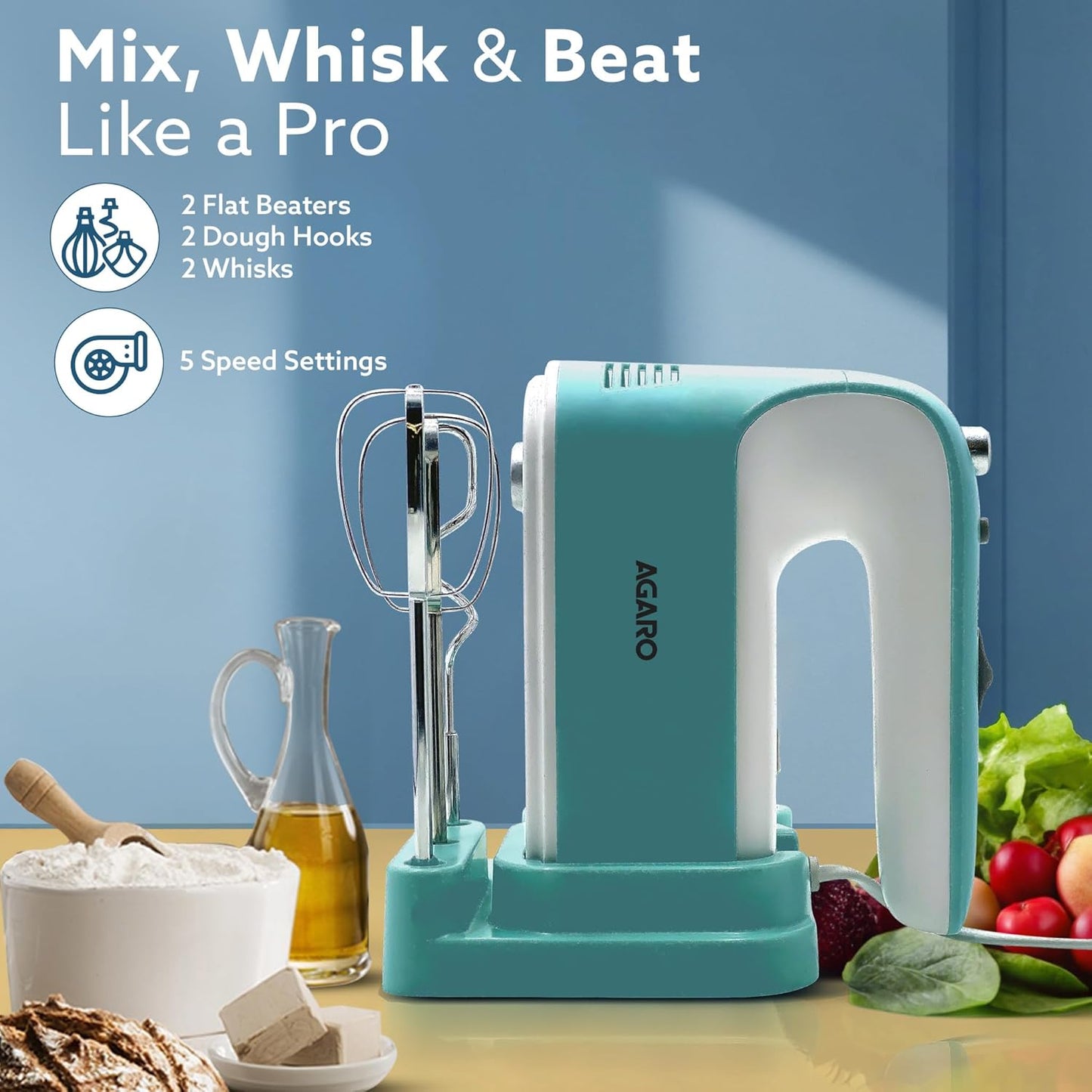 Agaro Regency 300W Hand Mixer | 5 speed | Beater & Dough Hooks | Sea Green |