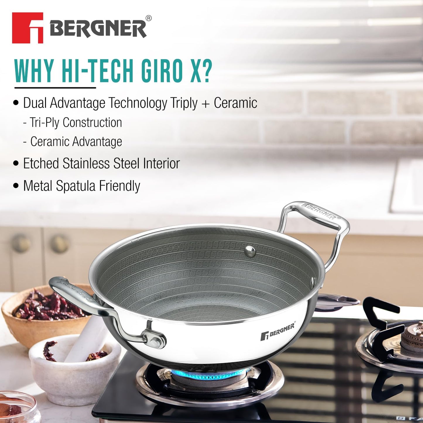 Bergner Hi-Tech Giro X Ceramic Kadai with Glass Lid | 24 cm | 2.5 L | Non-Stick | Stay Cool Handles |