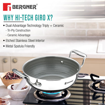 Bergner Hi-Tech Giro X Ceramic Kadai with Glass Lid | 24 cm | 2.5 L | Non-Stick | Stay Cool Handles |