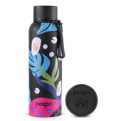 Pexpo Bravo Stainless Steel Water Bottle | 700 ml | Black Leaf-Printed | Hot & Cold |