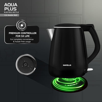 Havells Aqua Plus 1.2 litre Double Wall Kettle | 1250W | Black | Wider Mouth |