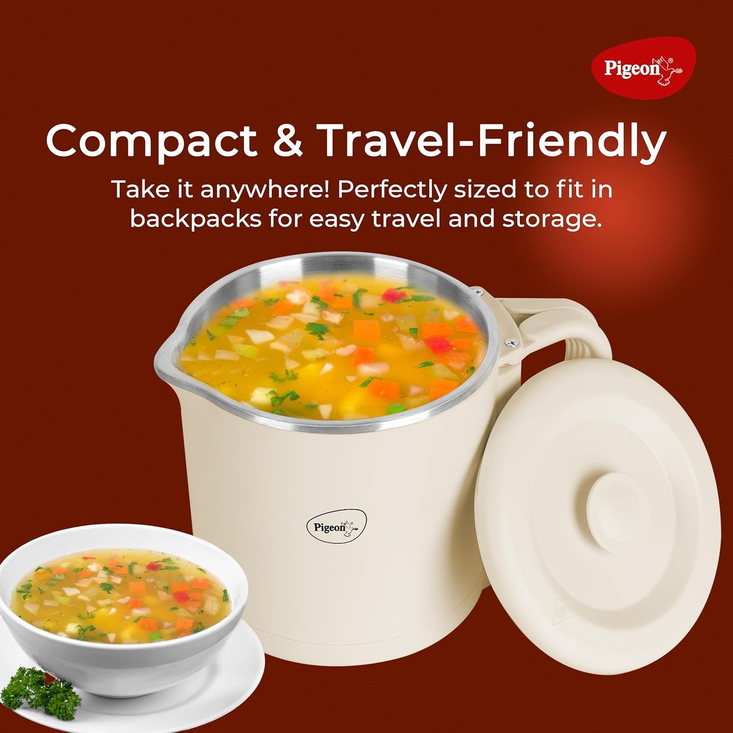 Pigeon Multicook Stainless Steel Travel Kettle | 0.8 Litre | 600 Watts | Cream | Heat Ressitant Handle |