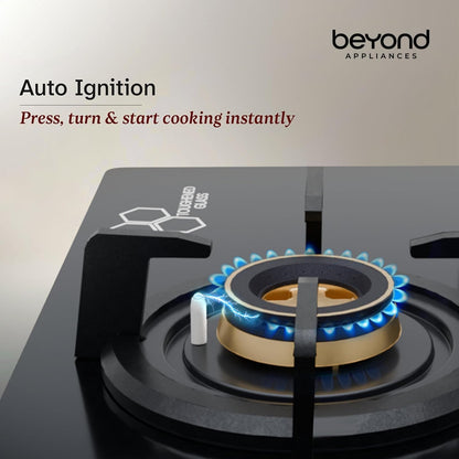 Beyond Appliances Zyra 4 Burner Smart Glass Hobtop Gas Stove | Full Brass Burner I Auto Ignition | Digital Timer | Flame Failure Device |