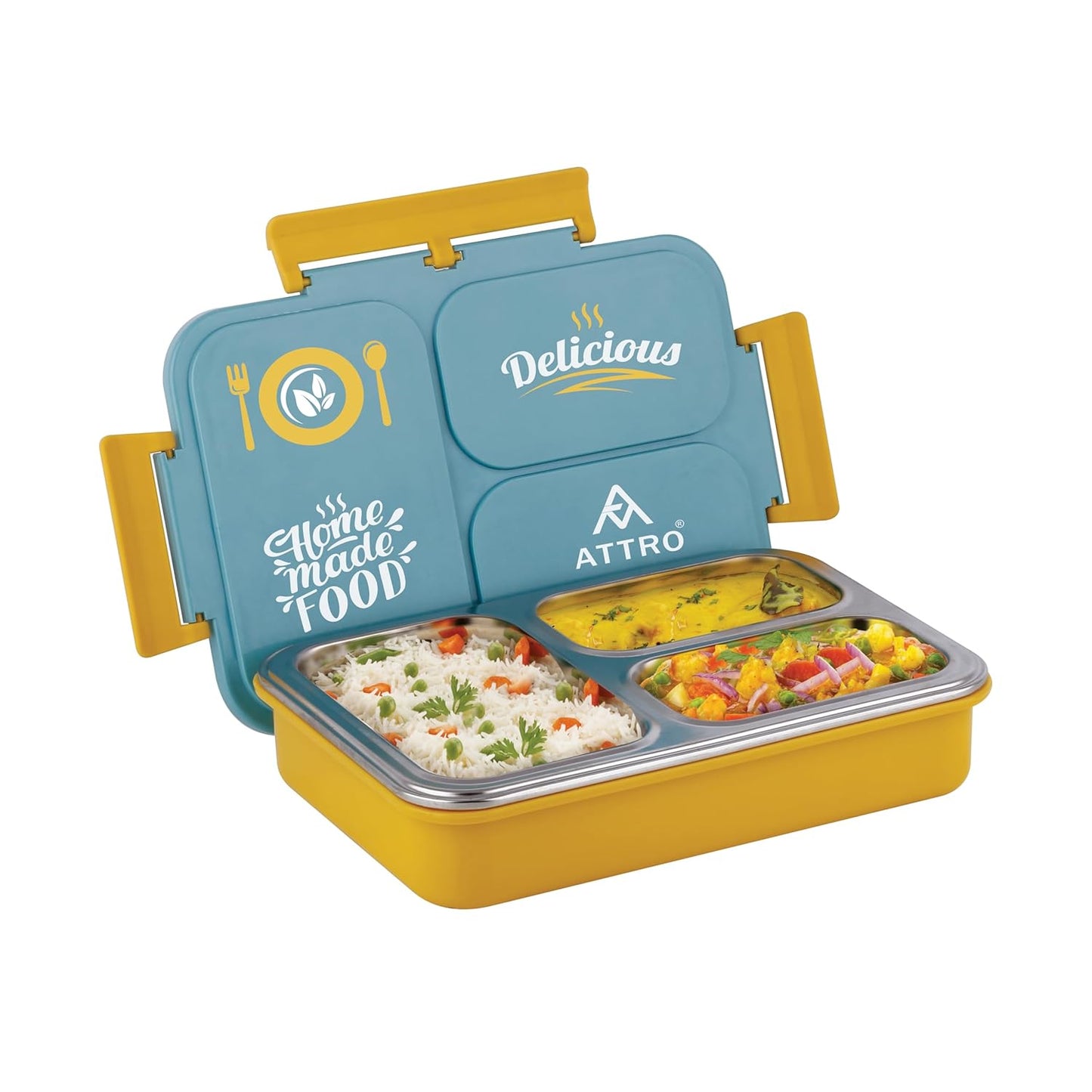 Attro Legacy Stainless Steel 3 Compartment Lunch Box | Blue | BPS Free | 700 ml |