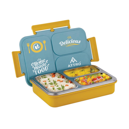 Attro Legacy Stainless Steel 3 Compartment Lunch Box | Blue | BPS Free | 700 ml |