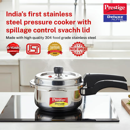 Prestige Deluxe Alpha Stainless Steel Pressure Cooker | 2 Litre | 10 years Warranty | Outer Lid |