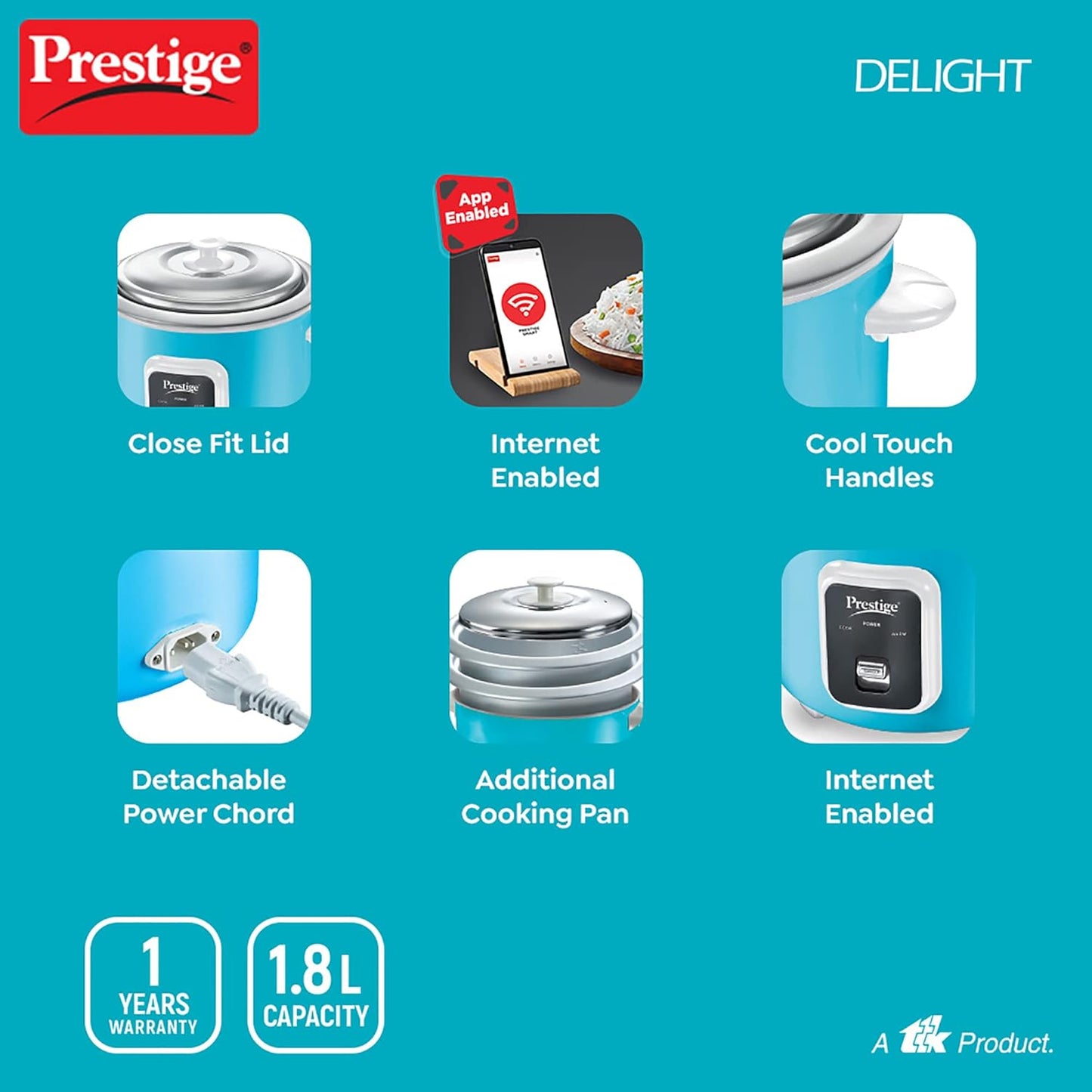 Prestige Delight Smart 1.8-2 Electric Rice Cooker | Blue | - Infinia Home and Kitchen