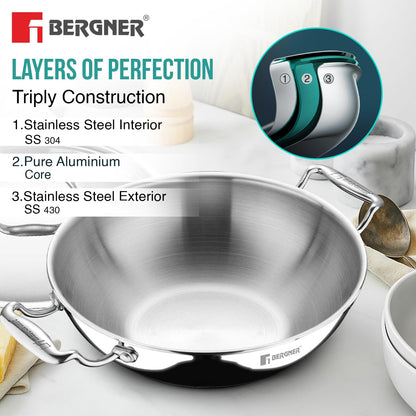 Bergner Argent Triply Deep Kadai with Stainless Steel Lid | Even Heat Distribution |