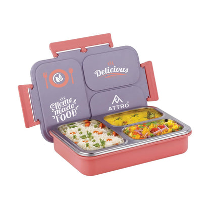 Attro Legacy Stainless Steel 3 Compartment Lunch Box | Blue | BPS Free | 700 ml |