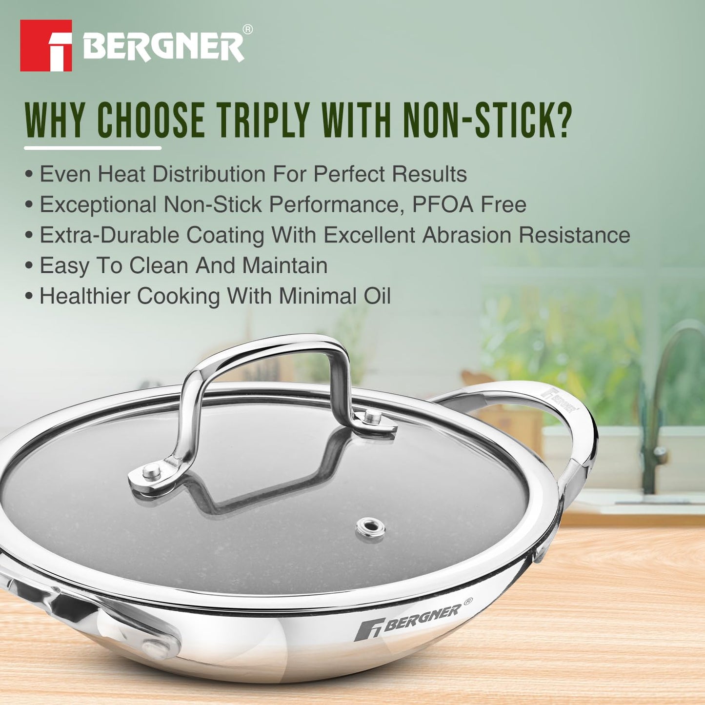 Bergner Argent Samsara Triply Non-Stick Appachetty with Glass Lid | 21 cm | Healthy Cooking |