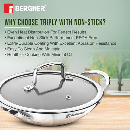 Bergner Argent Samsara Triply Non-Stick Appachetty with Glass Lid | 21 cm | Healthy Cooking |