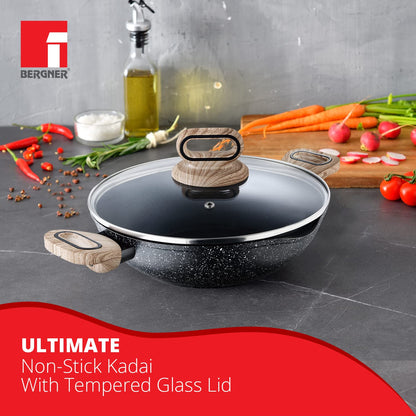 Bergner Ultimate Non-Stick Kadai with Glass Lid | 28 cm | Induction Base | Grey |