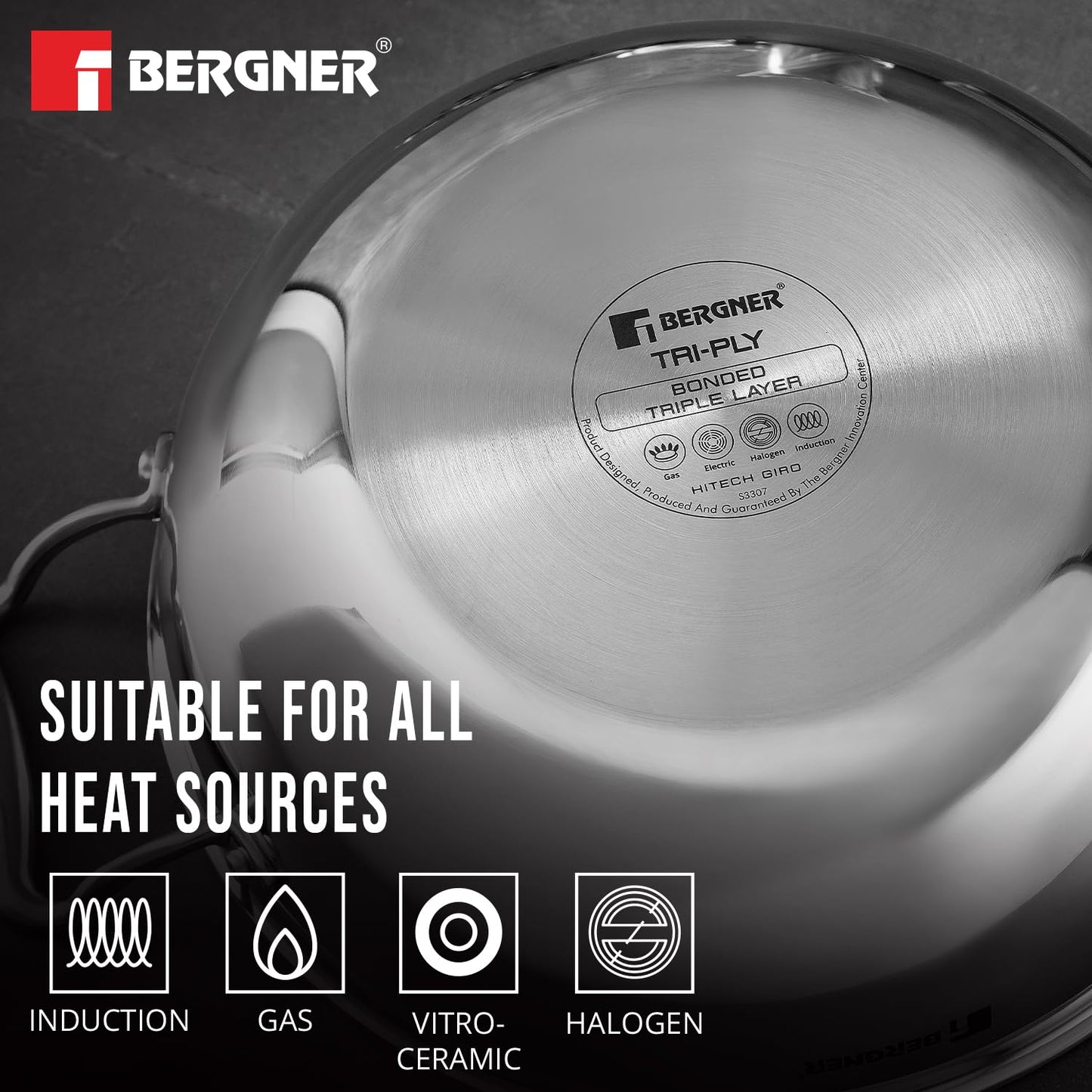 Bergner Hi-Tech TriPly Stainless Steel Kadai with Glass Lid | 20cm | 1.5 L | Non-Stick Coating |
