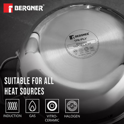 Bergner Hi-Tech TriPly Stainless Steel Kadai with Glass Lid | 20cm | 1.5 L | Non-Stick Coating |