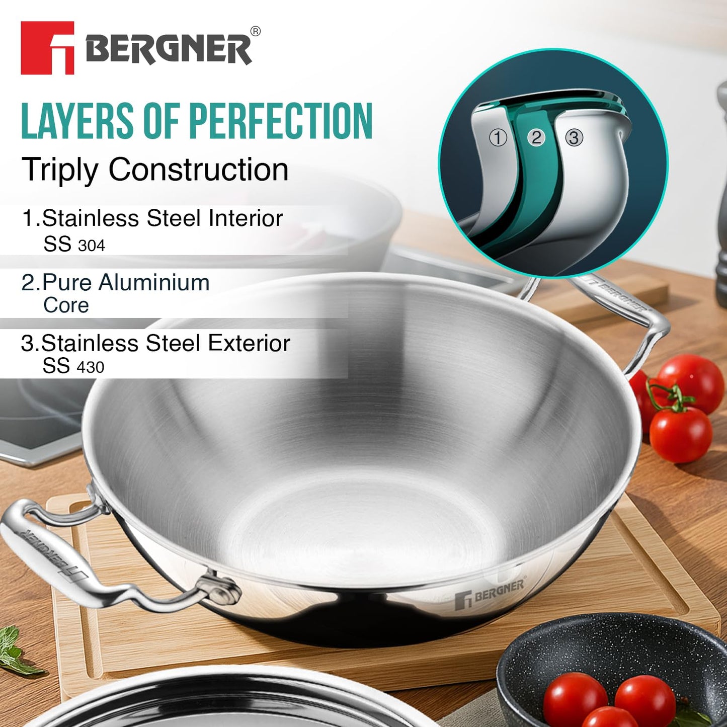 Bergner Argent Kadai with Stainless Steel Lid | 22 cm | 2 L | Even and Faster Heating |