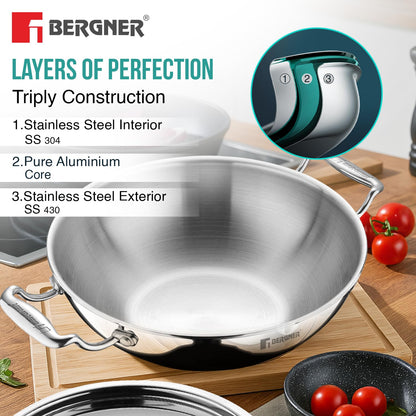 Bergner Argent Kadai with Stainless Steel Lid | 22 cm | 2 L | Even and Faster Heating |