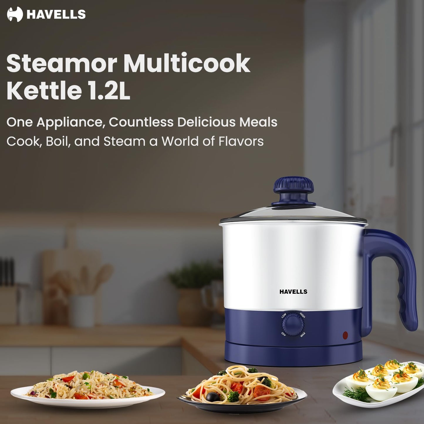 Havells Steamor Multicook Kettle | 1.2 L Capacity | Food Grade Body with Cool Touch Handle |