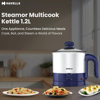 Havells Steamor Multicook Kettle | 1.2 L Capacity | Food Grade Body with Cool Touch Handle |