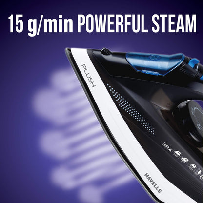 Havells Plush | 1600 Watts | Steam Iron | Black | Anti Scale & Anti Drip |
