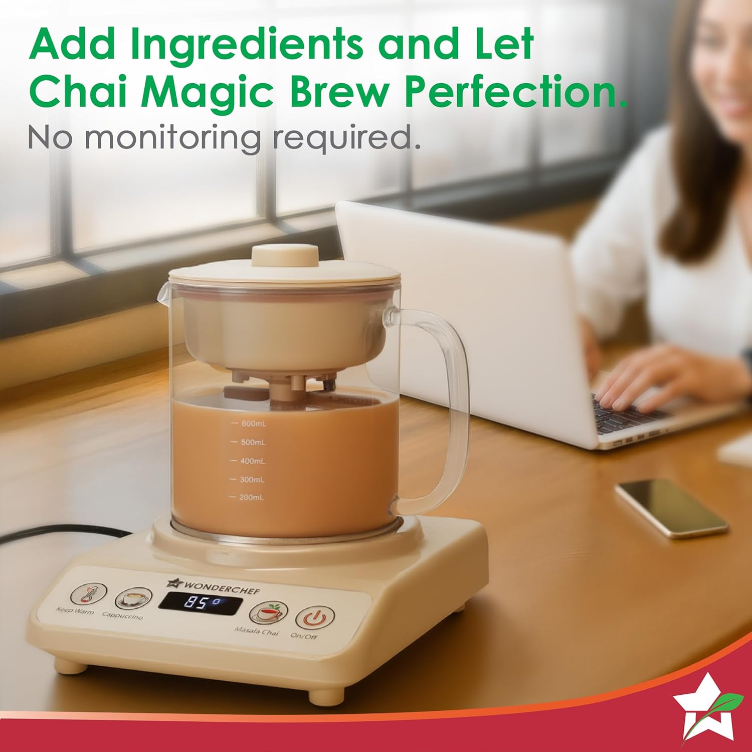 Wonderchef Chai Maker | Fully Automatic | Tea & Cappuccino Maker | 500 ML | 2 Year Warranty | - Infinia Home and Kitchen