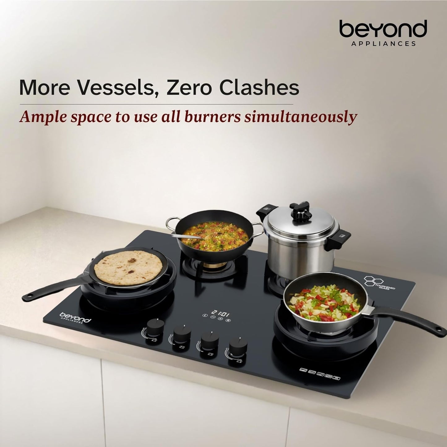 Beyond Appliances Zyra 4 Burner Smart Glass Hobtop Gas Stove | Full Brass Burner I Auto Ignition | Digital Timer | Flame Failure Device |