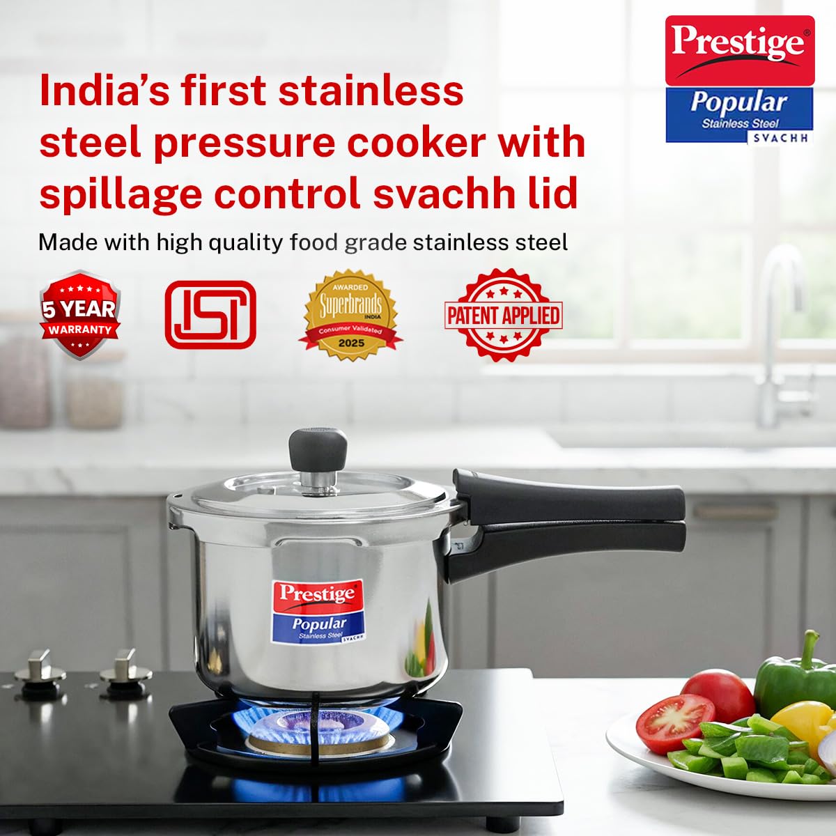 Prestige Popular Svachh Stainless Steel Cooker | 1.5 Litre | Spillage Control | ISI Ceritfied|