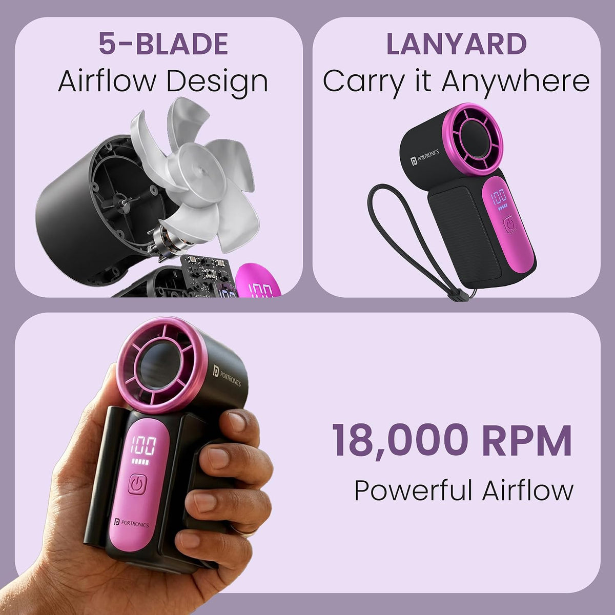 Portronics Toofan Nano Rechargeable Handheld Mini Fan | 3000mAh Battery | 18000 RPM | 5 Speed Modes | LED Display |