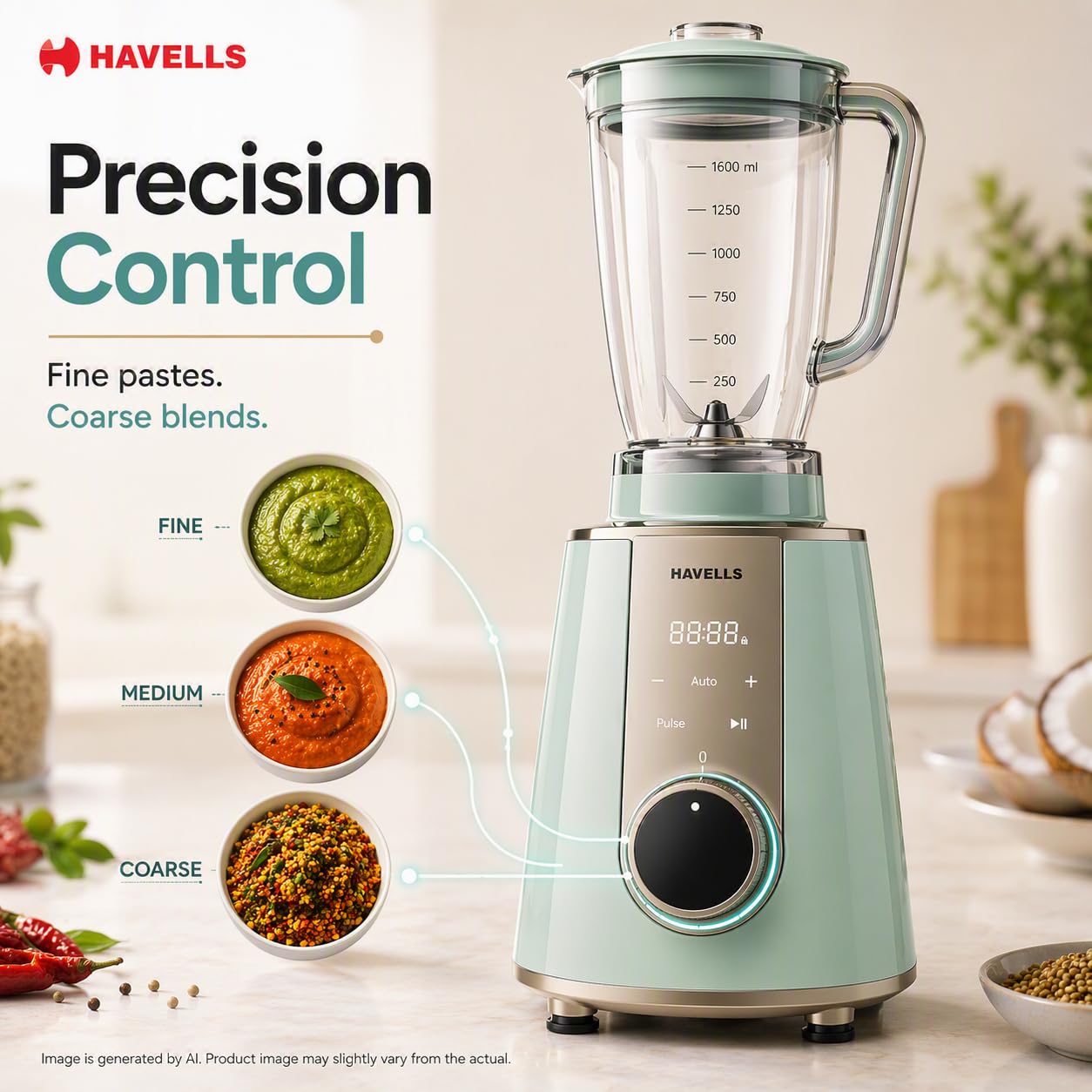 Havells CRAFT Mixer Grinder | 800W | 3 Jar | One Touch Grinding | Unique Touch Control |