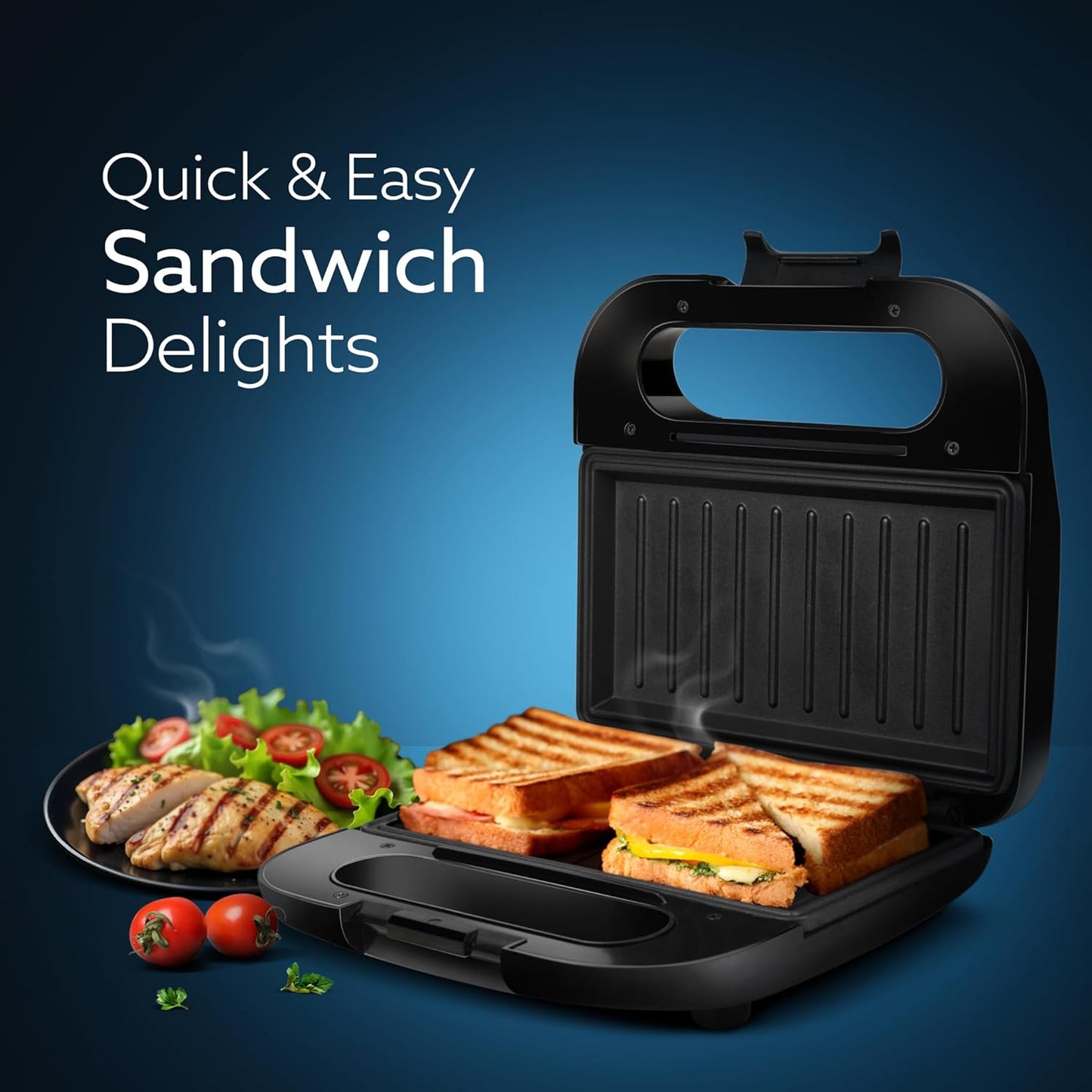 Agaro Primo Sandwich Maker | 750W | Non-Stick Grill Plates | Black |