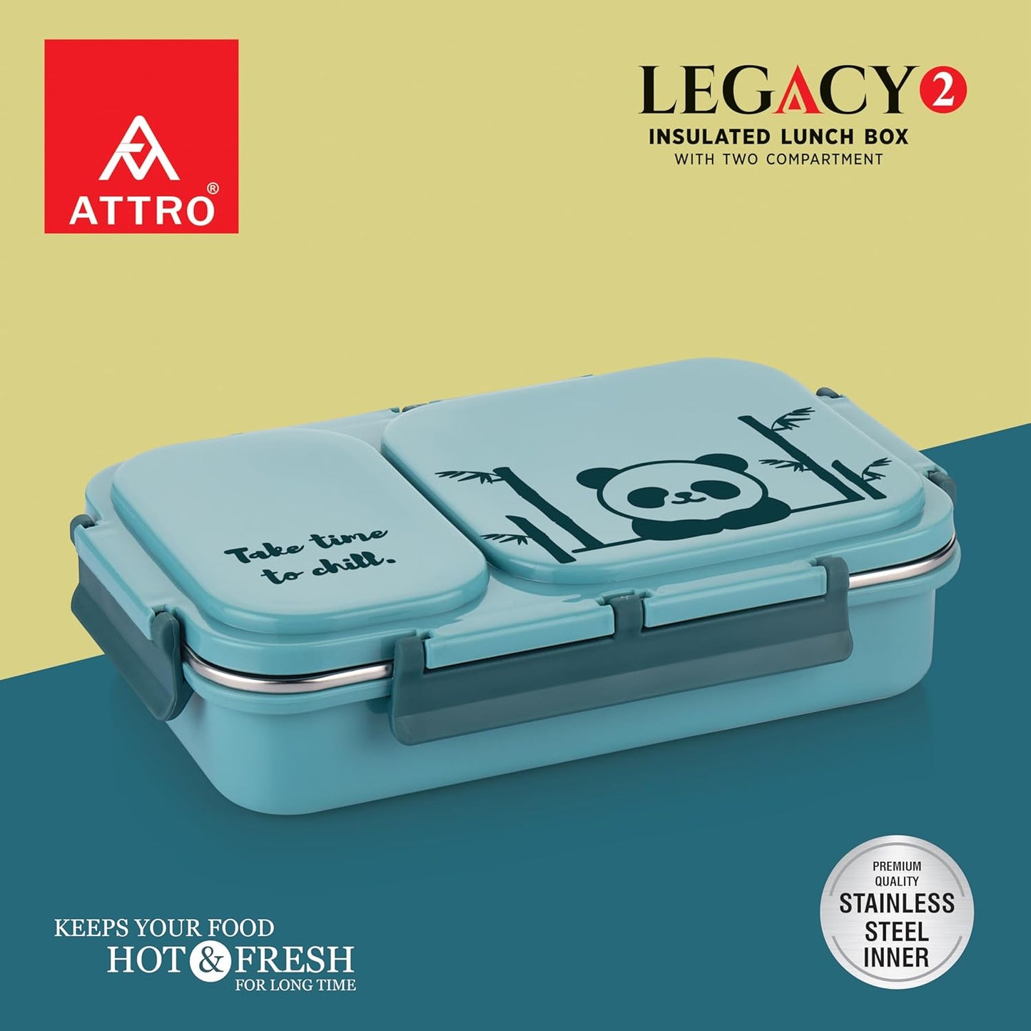 Attro Legacy Stainless Steel 2 Compartment Lunch Box | Blue | Dishwasher Safe |