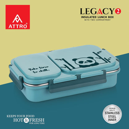 Attro Legacy Stainless Steel 2 Compartment Lunch Box | Blue | Dishwasher Safe |