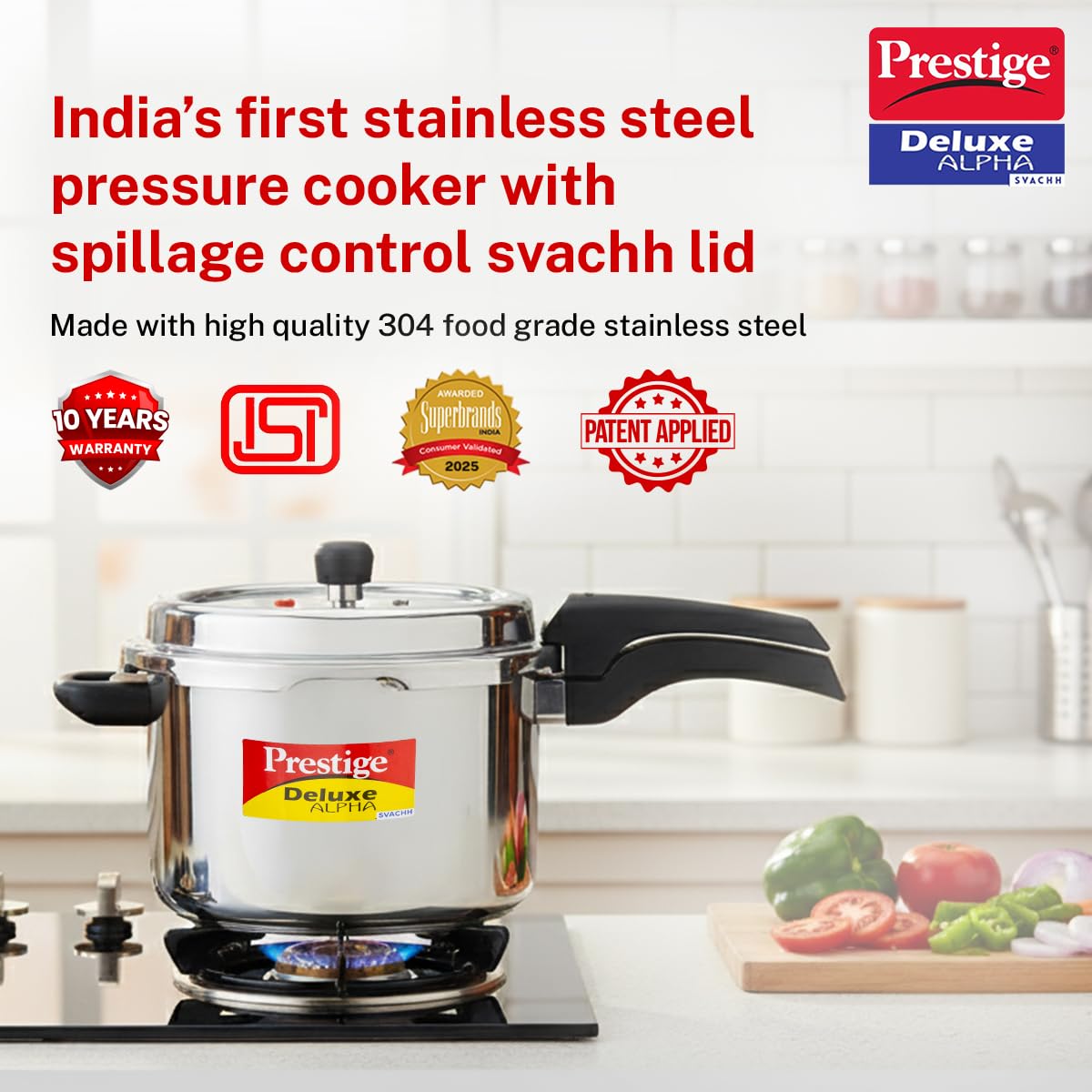 Prestige Stainless Steel Deluxe Alpha Pressure Cooker | 6.5 L | Outer Lid | 10 Year Warranty |