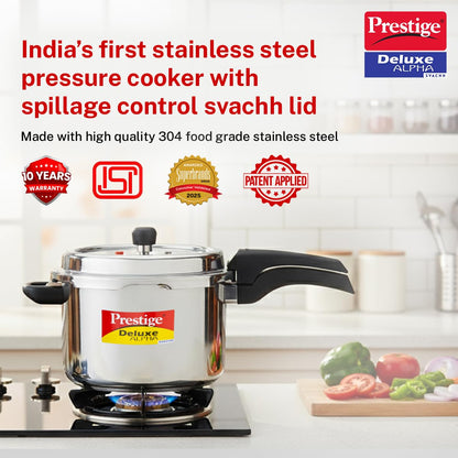 Prestige Stainless Steel Deluxe Alpha Pressure Cooker | 6.5 L | Outer Lid | 10 Year Warranty |