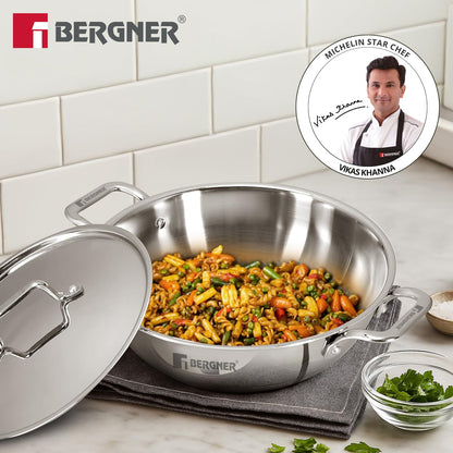 Bergner TriPro Triply Stainless Steel Kadai with Stainless Steel Lid | 24cm | Consumes Less Oil |Healthy Cooking |