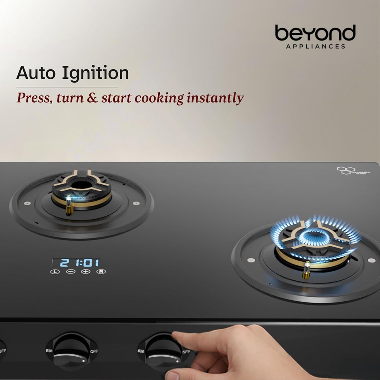 Beyond Appliances Auriga Pro 3-Burner  Auto Ignition | Smart Digital Timer | 5D Full Brass Burners |