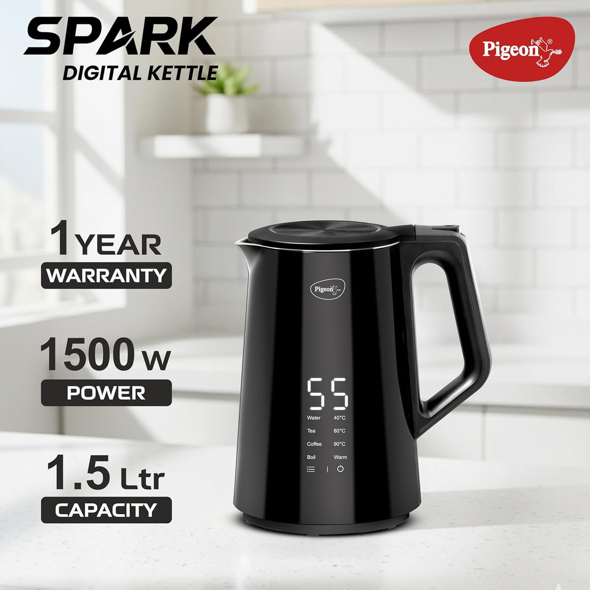 Pigeon Spark Digital Stainless Steel Double Walled Kettle | 1.5 Litre | 360 Degree Cordless | Black |