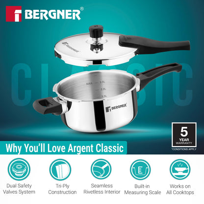Bergner Argent Classic Triply Stainless Steel | 3.5 Litre | Even Heat Distribution |
