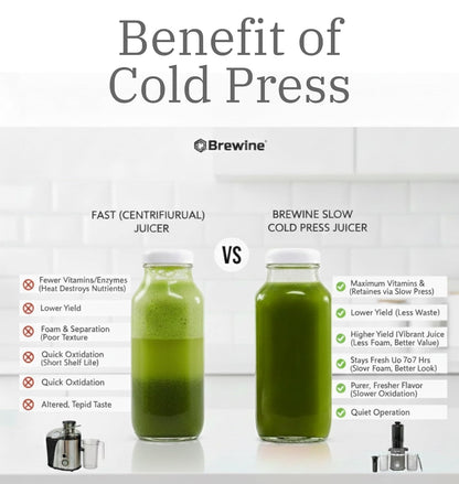 Brewine Cold Press Slow Juicer | For Fruits & Vegetables | Black | Wide Feeder |