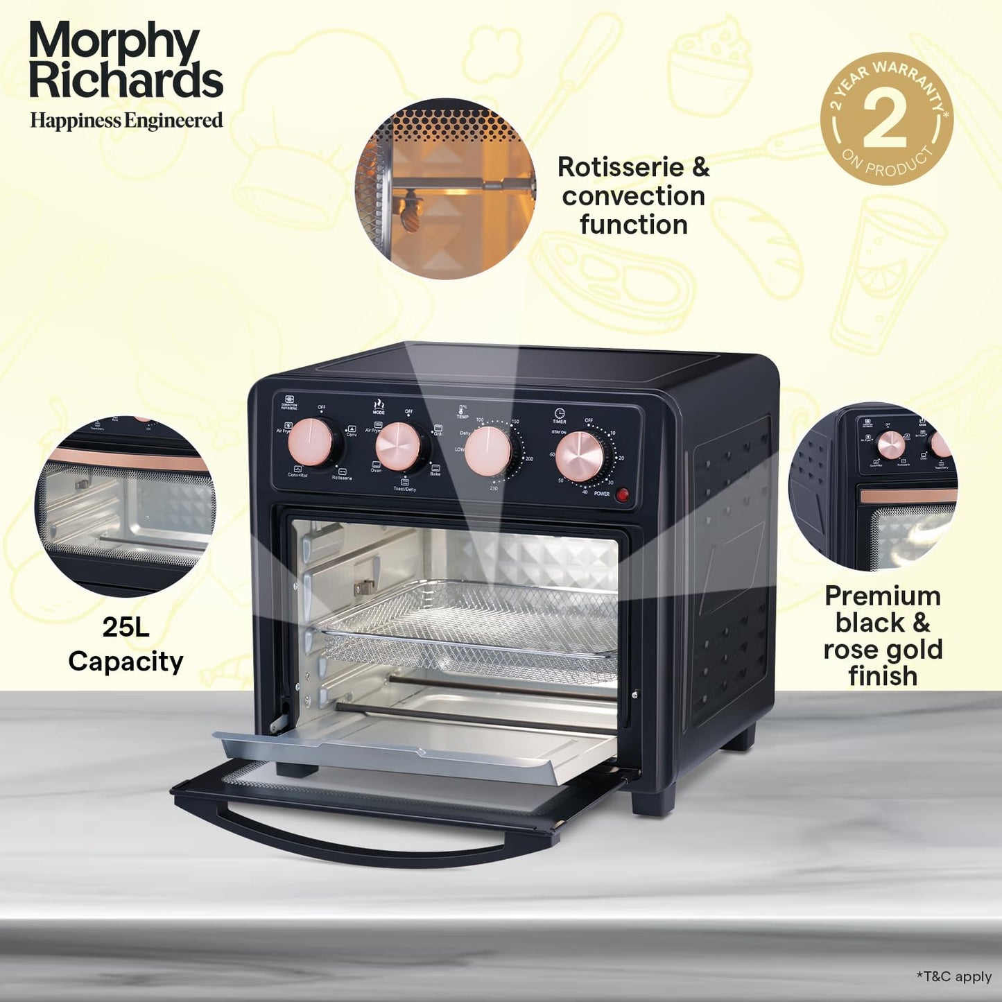 Morphy Richards AirCrisp 25 Litre Air Fryer Oven | Black & Rose Gold | In built Air Fryer and OTG |