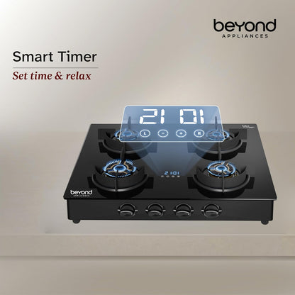 Beyond Appliances Auriga Pro 4-Burner | Auto Ignition | Smart Digital Timer | 5D Full Brass Burners |