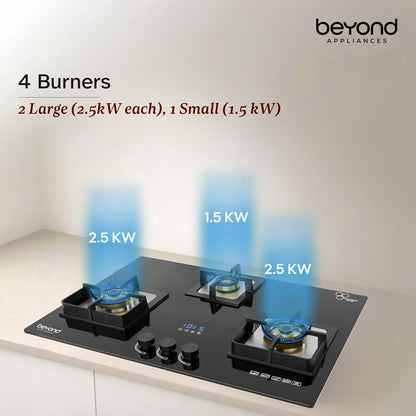 Beyond Appliances Dorado 3 Burner Smart Glass Hobtop Gas Stove | Auto Ignition | Digital Timer |