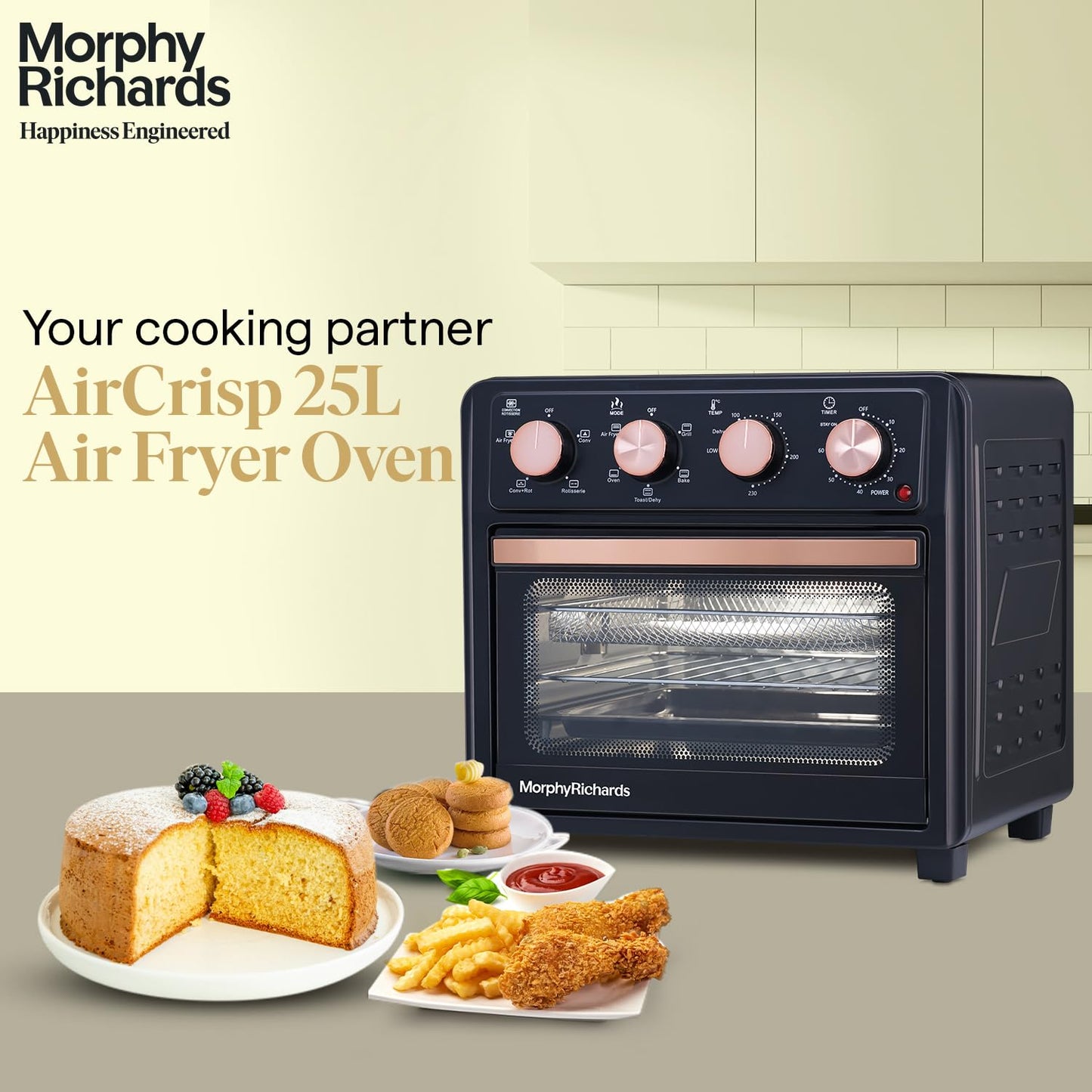 Morphy Richards AirCrisp 25 Litre Air Fryer Oven | Black & Rose Gold | In built Air Fryer and OTG |