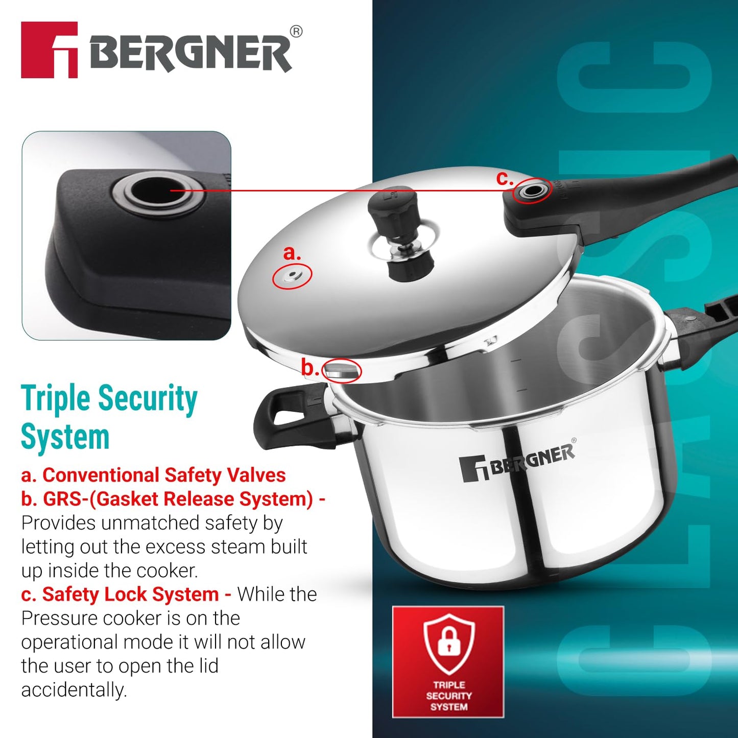 Bergner Argent Elements Triply Stainless Steel | 3.5 L | Outer Lid Pressure Cooker