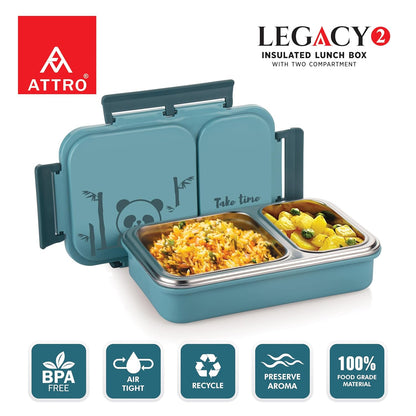 Attro Legacy Stainless Steel 2 Compartment Lunch Box | Blue | Dishwasher Safe |