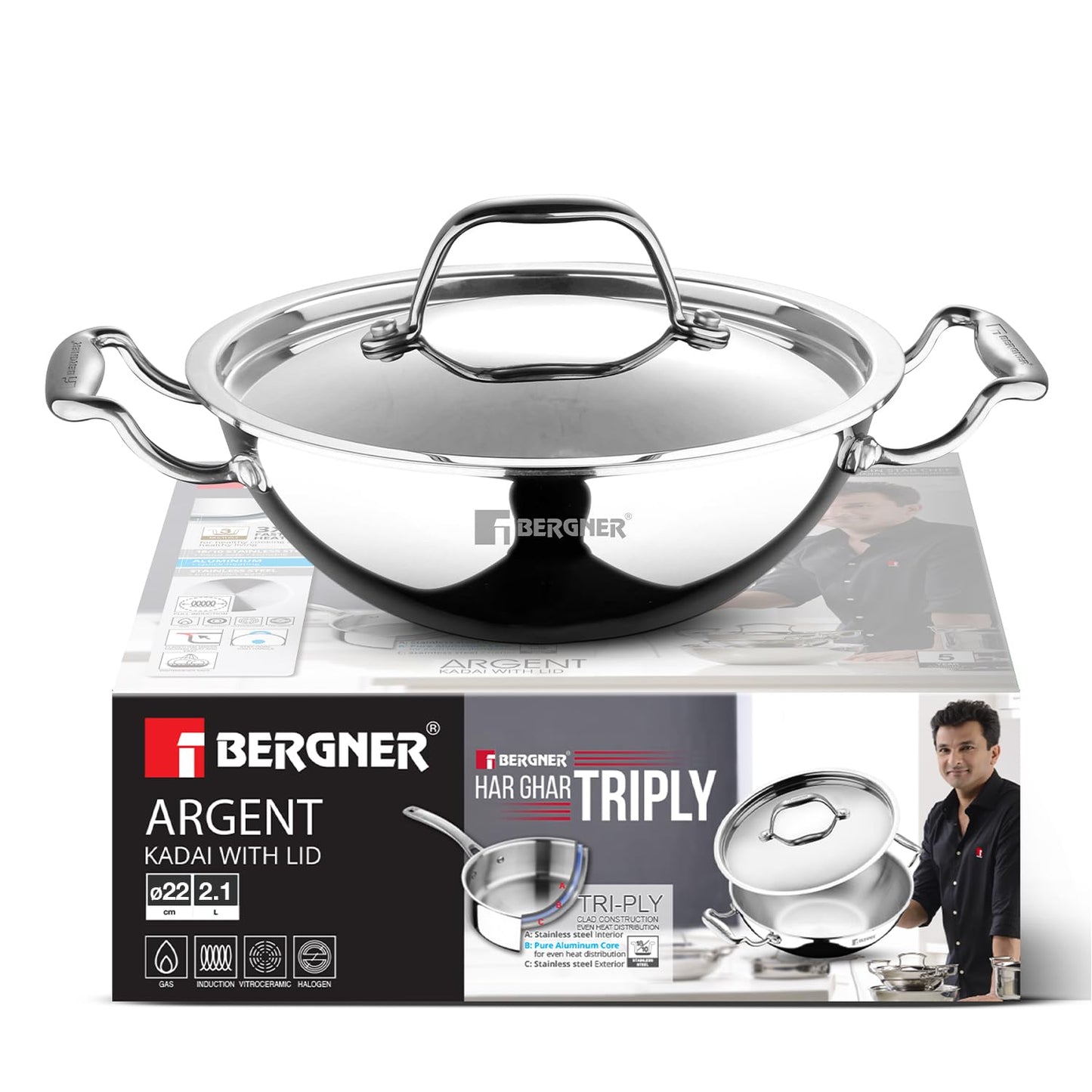 Bergner Argent Kadai with Stainless Steel Lid | 22 cm | 2 L | Even and Faster Heating |