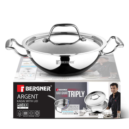Bergner Argent Kadai with Stainless Steel Lid | 22 cm | 2 L | Even and Faster Heating |