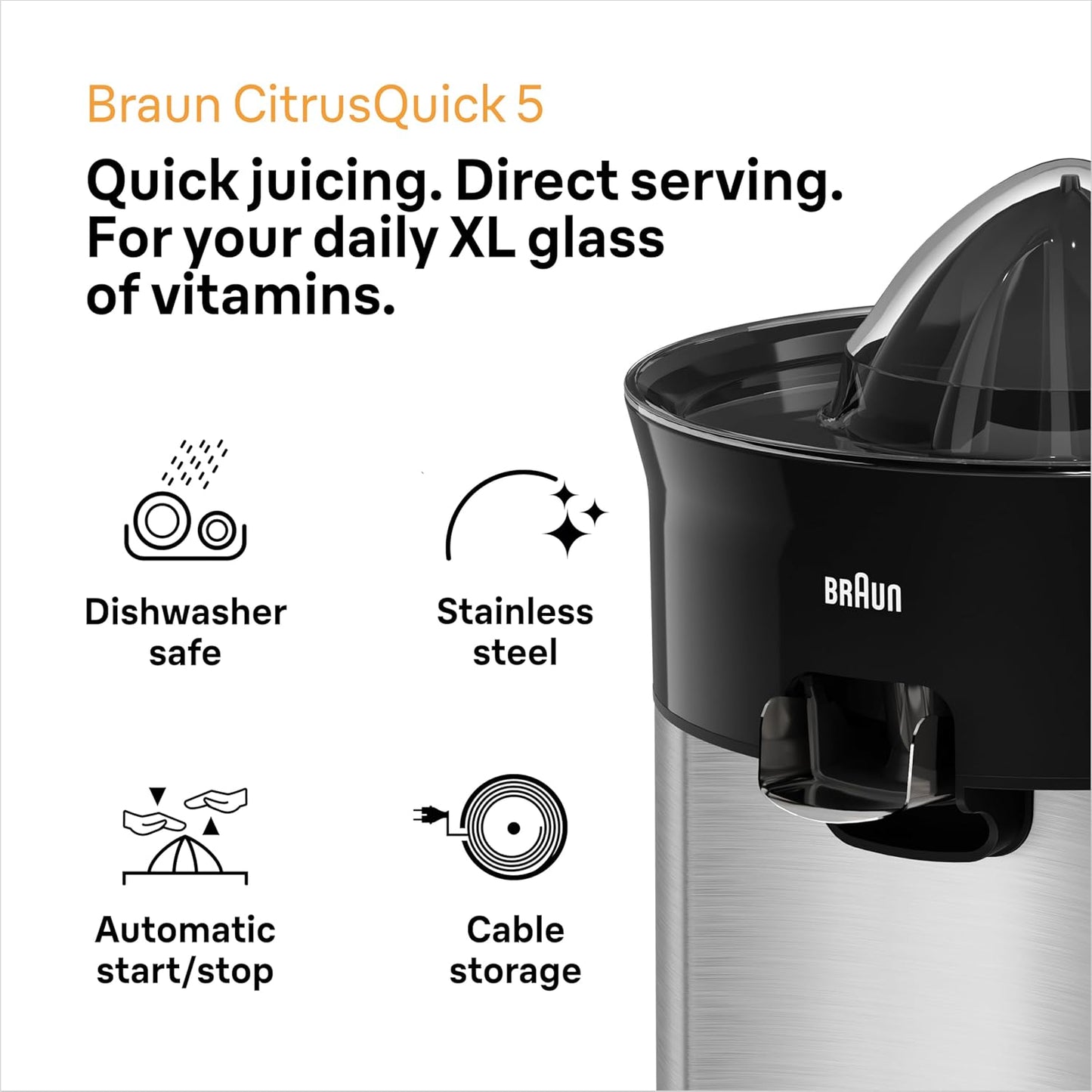 Braun Quick 5 Citrus Juicer | 60 W | Black | Smart Pulp Control |