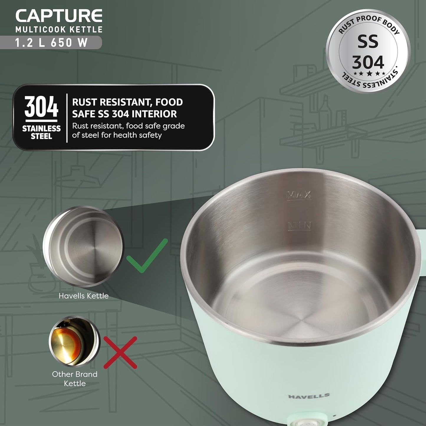 Havells Capture | 1.2 L | Multi-Cook Electric Kettle with Steamer | 650W | 304 Stainless Steel |