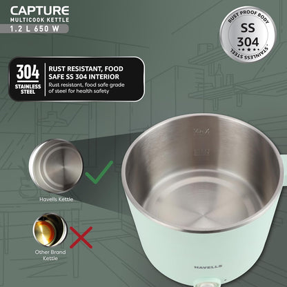 Havells Capture | 1.2 L | Multi-Cook Electric Kettle with Steamer | 650W | 304 Stainless Steel |